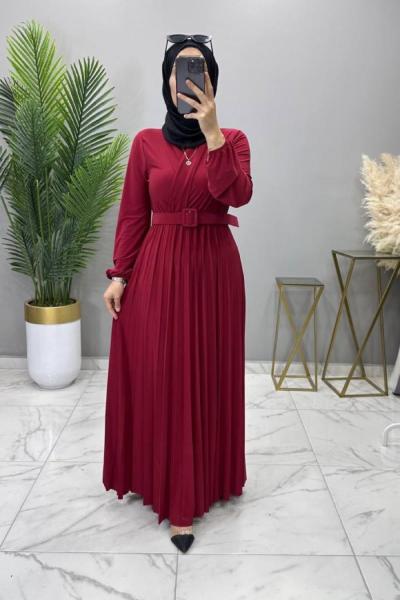 Kemerli Elbise Bordo
