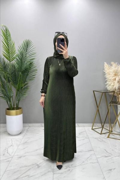 Multi Piliseli Kadife Elbise Haki