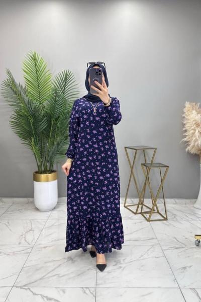 Çiçek Elbise Petrol Lacivert  Lacivert