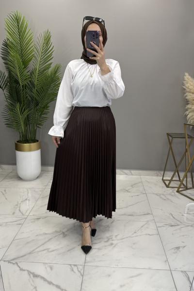 Deri Görünümlü Etek Bluz Takım Kahve Kahverengi