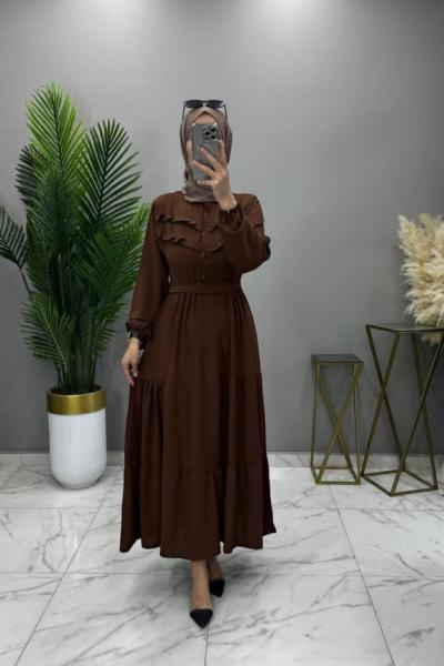 Fırfırlı Elbise Kahve  Kahverengi