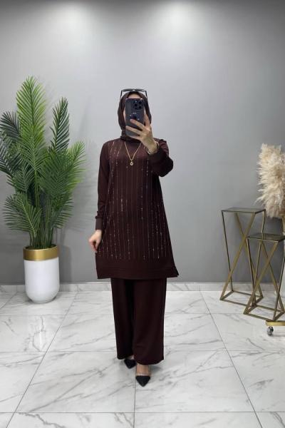 İnci Taşlı Takım Kahve Kahverengi