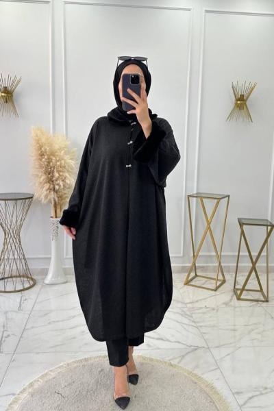 Kürklü Panço Pelerin Siyah Siyah