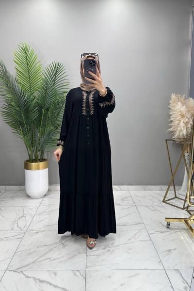 Nakışlı Medine Elbise Siyah Siyah