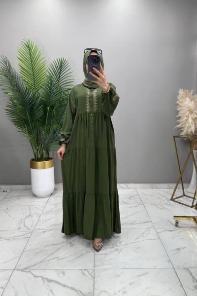 Nakışlı Medine Elbise Haki Haki