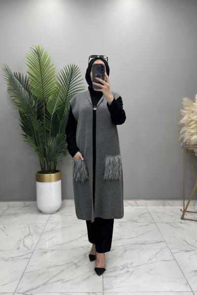 Peluş Cepli Yelek Gri Gri