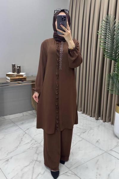 Taşlı Takım Kahve Kahverengi