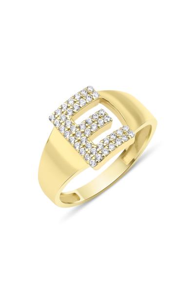 925 Ayar Gümüş Üzerine 22 Ayar Altın Kaplama E Harfi Yüzük