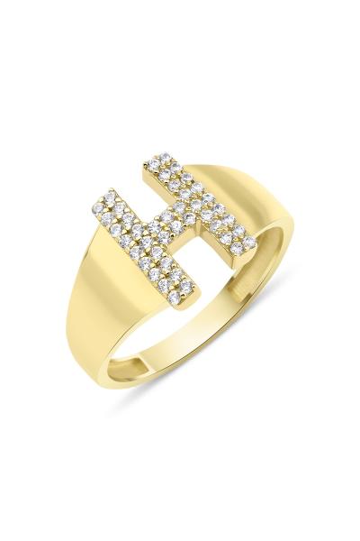 925 Ayar Gümüş Üzerine 22 Ayar Altın Kaplama H Harfi Yüzük