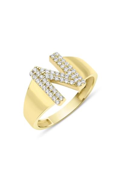 925 Ayar Gümüş Üzerine 22 Ayar Altın Kaplama N Harfi Yüzük