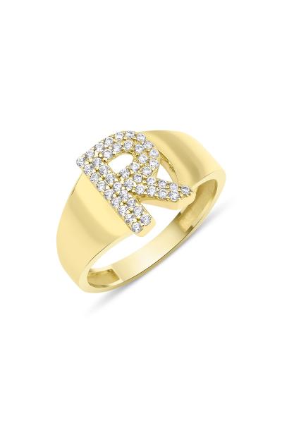 925 Ayar Gümüş Üzerine 22 Ayar Altın Kaplama R Harfi Yüzük