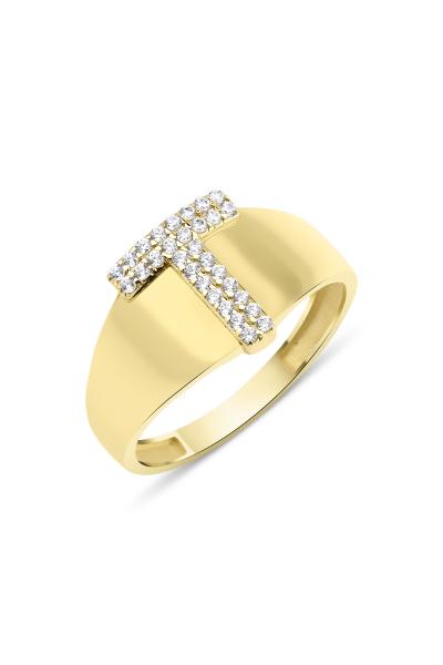 925 Ayar Gümüş Üzerine 22 Ayar Altın Kaplama T Harfi Yüzük