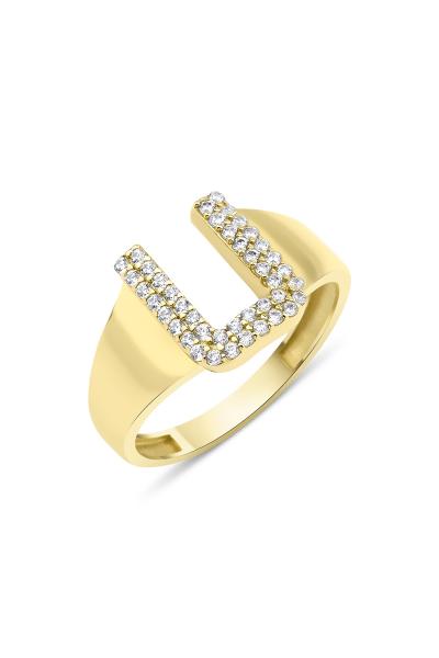 925 Ayar Gümüş Üzerine 22 Ayar Altın Kaplama U Harfi Yüzük