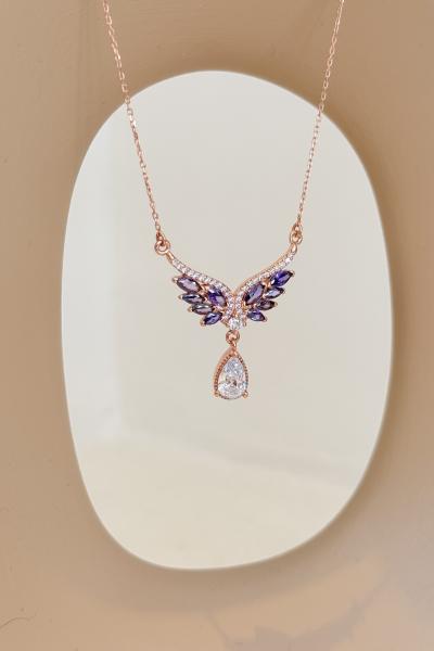 Ametist Taşlı Melek Masalı Rosegold Gümüş Kolye