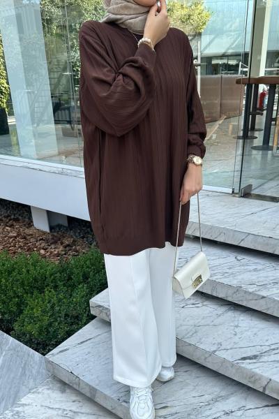 Dikey Çizgili Triko Ahu Tunik - Acı kahve