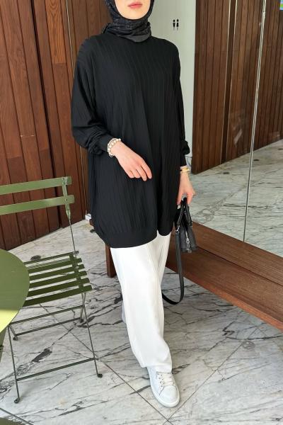 Dikey Çizgili Triko Ahu Tunik - Siyah