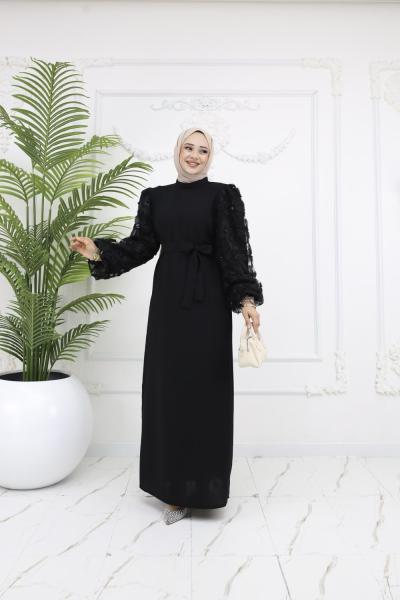 Kabartma Çiçekli Tüy Elbise-Siyah