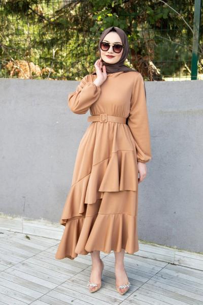 Kemerli Fırfır Model Prenses Elbise -Bisküvi