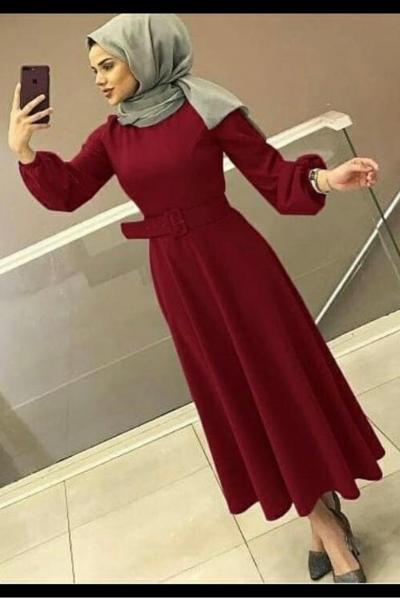 Kemerli Nur Elbise- Bordo