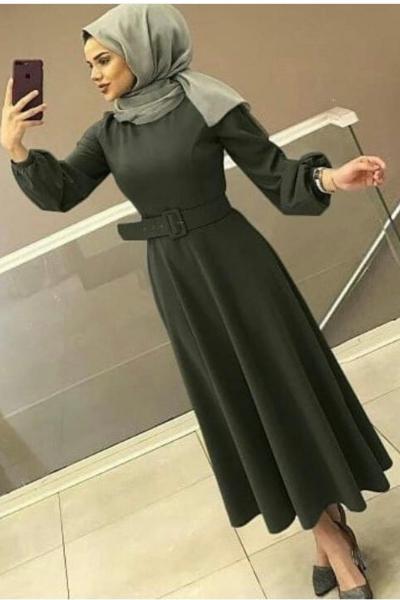 Kemerli Nur Elbise- Haki