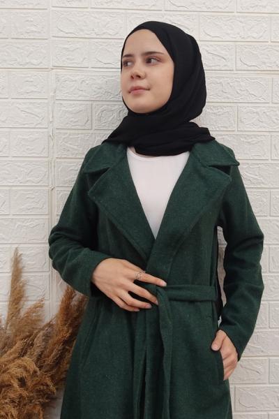 Kuşaklı Model Kaşe Kumaş Kaban-Haki
