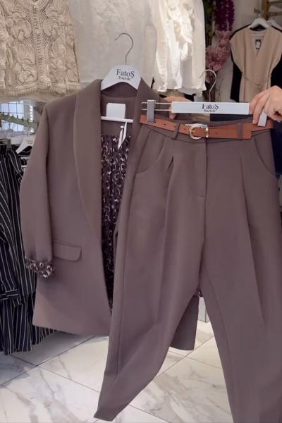 Leopar Astarlı Ceket Pantolon Kemerli 3lü Takım-Kahve