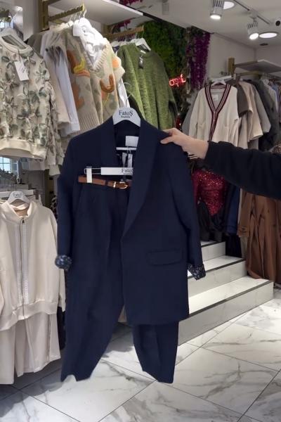 Leopar Astarlı Ceket Pantolon Kemerli 3lü Takım-Lacivert