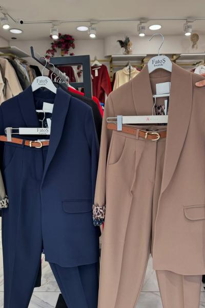Leopar Astarlı Ceket Pantolon Kemerli 3lü Takım-Vizon
