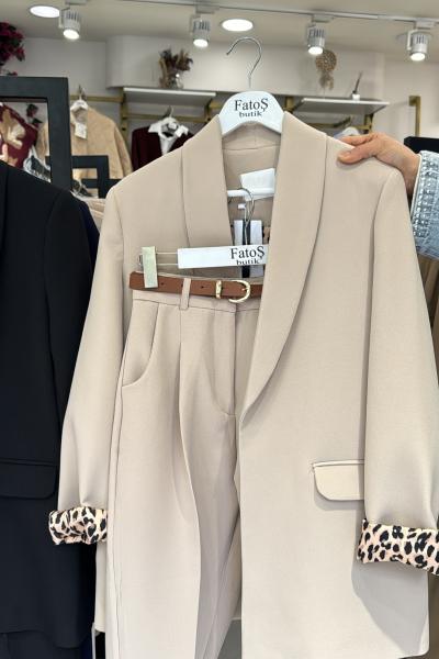 Leopar Astarlı Ceket Pantolon Kemerli 3lü Takım-Taş Rengi
