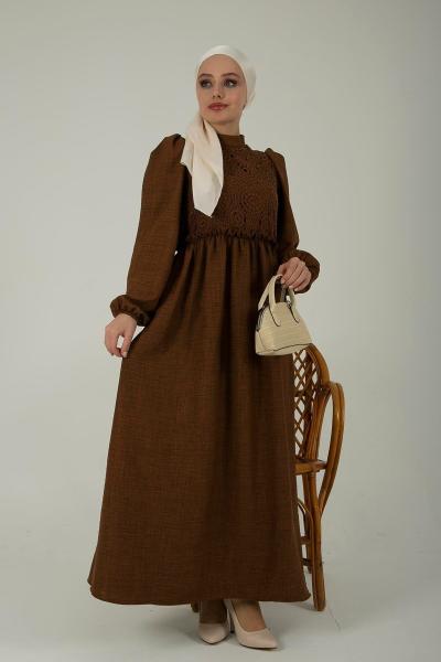 Önü Dantel Örgü Detaylı Elbise - Kahve