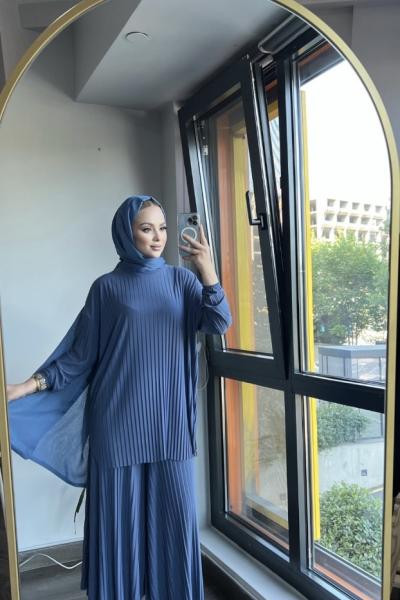 Pileli pantolonlu 2li Elis Takım - Mavi