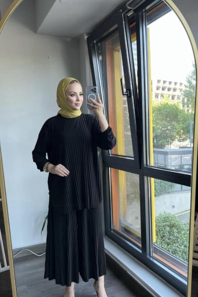 Pileli pantolonlu 2li Elis Takım - Siyah