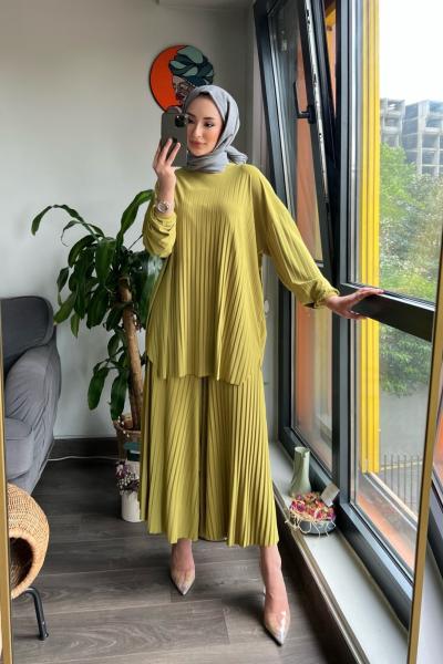 Pileli pantolonlu 2li Elis Takım - Yağ Yeşili