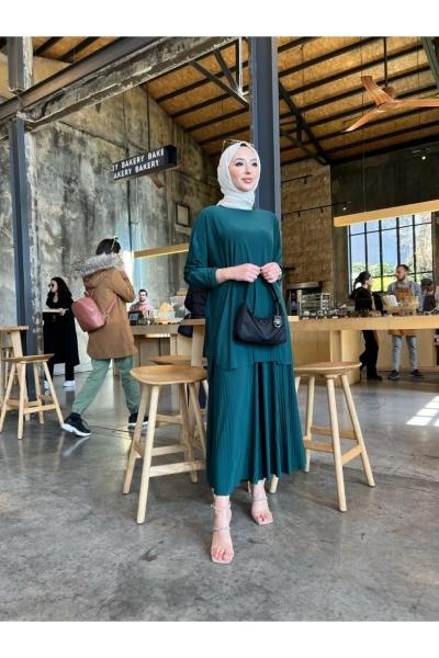 Pileli pantolonlu 2li Elis Takım - Zümrüt