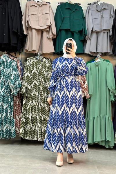 Üzeri Yaprak Deseni İşlemeli Lastikli Elbise- Mavi